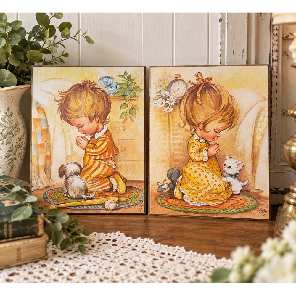 Vintage Coby Big Eye Boy and Girl Praying Wood Wall Plaques Set of 2 Retro Decor